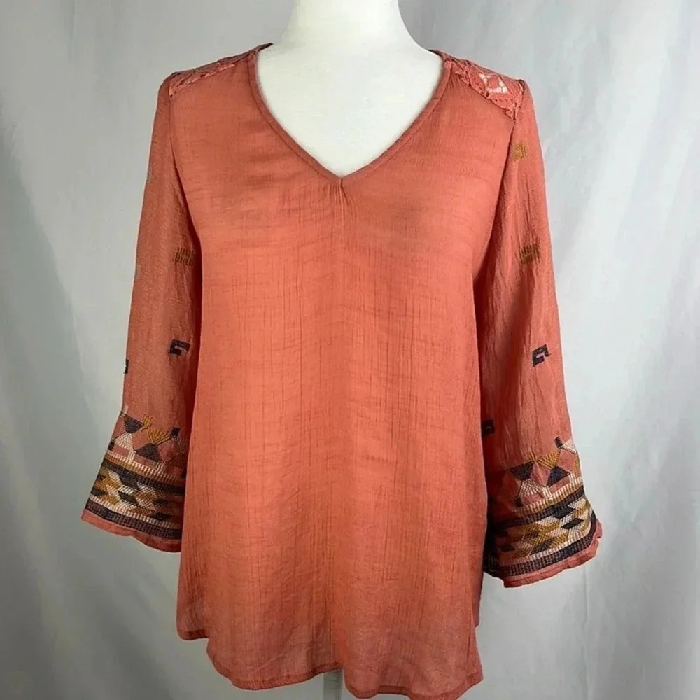 Fig and Flower Anthropologie Boho Embroidered Lace Blouse Top Size PL. H